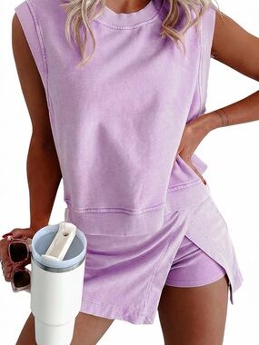 Lavender Mineral Wash Sleeveless Sweatshirt Tank & Skort Set